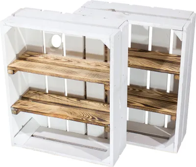 Two white wooden crates with two burnt wood shelves each, displayed side-by-side against a white background.