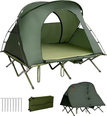 Produktbild von GOPLUS 4 in 1 Campingzelt mit Feldbett, 194×146×160cm Faltbar Kuppelzelt mit Aufblasbar Matratze & Regenabdeckung für 2 Personen