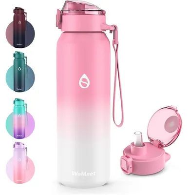 Immagine prodotto di Borraccia da 500 ml in acciaio inossidabile, a doppia parete, con cannuccia e tappo in Tritan, colore rosa e bianco