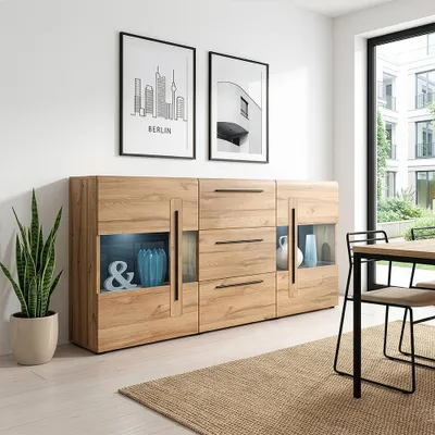 Produktbild von Sideboard Eiche Grandson Nb. mit Glas Elementen TURDA-83 inkl. LED Beleuchtung, B/H/T: ca. 180/103/39 cm