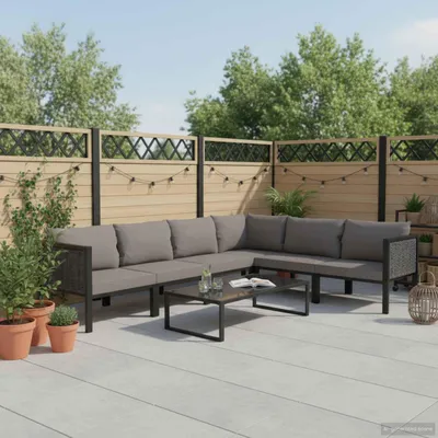 Image de Ensemble de salon de jardin exclusif, 7 pièces, avec coussins, en résine tressée anthracite