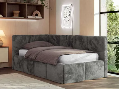 Produktbild von MKS MEBLE Jugendbett 90x200 cm ARVO Polsterbett mit Bettkasten, Mettalrahmen Stauraum & Gasdruckfeder, ohne Matratze - Dunkelgrau Plüsch - Links Seite
