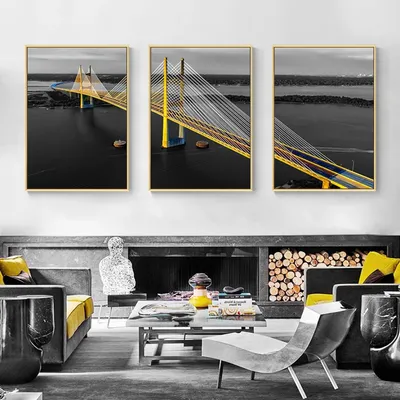 Produktbild von TPFLiving Kunstdruck LW-438 (OHNE RAHMEN) Poster - Leinwand - Wandbild - Hochauflösender Giclée-Druck, langlebig und hochwertig - Gelbe Brücke auf grauem und schwarzem HIntergrund -  - Größe: 40x60cm