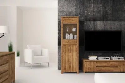 Produktbild von Vitrine Tinci aus Wildeiche massiv 55x45x180 mit 1 Glastür 1 Tür und Holzbeinen