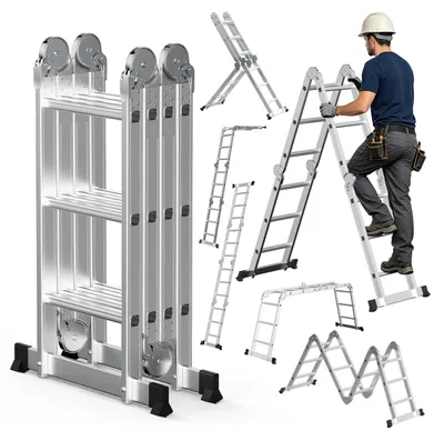 Image de Échelle multifonctionnelle en aluminium Ikodm 7 en 1, 4 x 3 marches, environ 360 cm / 3,6 m, échelle pliante à plateforme pour la maison et l'atelier, échelle d'accès, capacité de charge maximale de 150 kg