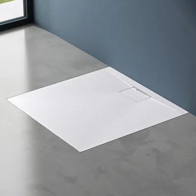 Produktbild von doporro Duschtasse Duschwanne 80x80x3 flach Mineralguss in Weiß inkl. Ablaufgarnitur AL06 DIN-Anschlüsse für bodenebene Montage geeignet Geoma07