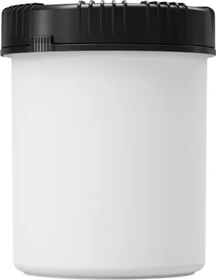 A white cylindrical container with a black lid.
