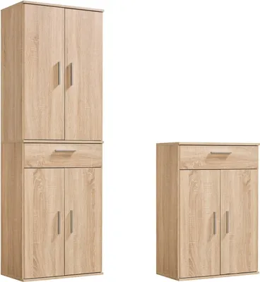 Produktbild von mokebo® Mehrzweckschrank Set 2-teilig 'Die Allzweckwaffe', Schrank-Set mit Midischrank & Hochschrank in Sonoma Eiche bzw. Braun, nutzbar als Aktenschränke, Büroschränke oder Allzweckschränke