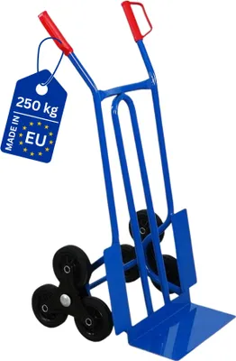 Produktbild von Stahlrohr-Treppensteiger RHINO mit XL Schaufel, gebogenen Streben & pannensichere Vollgummibereifung | Traglast 250kg | HxBxT 104x60x54cm | Blau | Treppensackkarre Transportkarre Staplerkarre