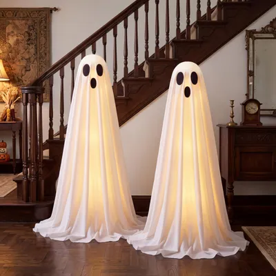 2er-Set Halloween-Geister-Deko 100 cm mit LED-Lichtern & Timer