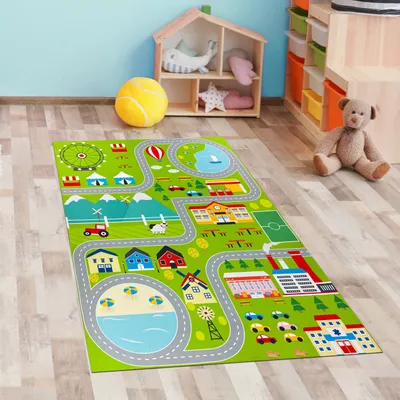 Produktbild von Rutschfester Kinderteppich strapazierfähig mit Stadt Motiv in Grün Größe - 80 x 150 cm