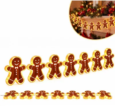 Produktbild von LED Weihnachtsdeko Lebkuchenmann mit Schleife, 7-teiliges 3D Holz Lebkuchenmann Wanddeko Set, warmweiß beleuchtet, selbstklebend, Weihnachtsbeleuchtung
