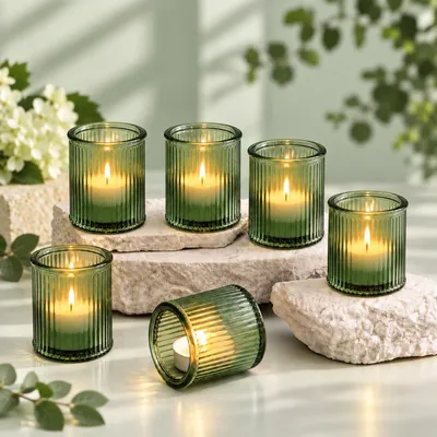12er Set Theelichtholder aus Glas, gerippt, 4,5x5,7 cm