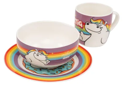 3-tlg. Porzellan-Frühstücksset: Teller, Becher, Schale, Regenbogen