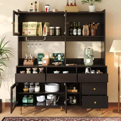 Image de Armoire de cuisine avec étagère à verres à vin, buffet, vitrine, dimensions : 145 x 39 x 171 cm, couleur : noir