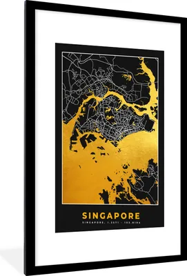 Produktbild von MuchoWow® Gerahmtes Poster Singapur - Stadtplan - Gold - Karte 60x90 cm - Poster mit Schwarzem Bilderrahmen Wandposter Rahmen Foto Bilder - Dekoration - Wandposter Wohnzimmer - Hochwertig