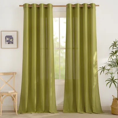 Gardinen mit Ösen, 2er-Set, 245x140 cm, halbtransparent, linnenlook, grün-gelb