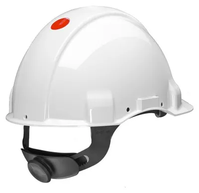 Produktbild von 20x 3M™ Schutzhelm, Uvicator, Ratschenverschluss, nicht belüftet, dielektrisch 1000 V, Lederschweißband, Weiß, G3001MUV1000V-VI