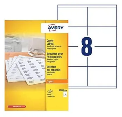 Zdjęcie produktu dla Avery DP080-100, Biały, Prostokąt, Na stałe, 105 x 70, A4, Uniwersalne