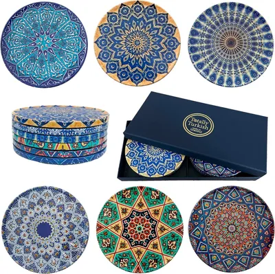 Immagine prodotto di Sottobicchieri decorati - Set da 6 pezzi - Idea regalo di design - Set di sottobicchieri - Superficie antigraffio e base in sughero antiscivolo (stile mediterraneo)