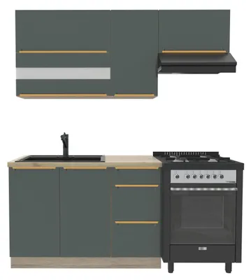 Obrázek produktu pro Kuchynská linka 180 cm – GLAMOUR E – bez pracovní desky – tmave zelená kuchyne – kuchyne pro jednoho – zlaté úchytky – kovové zásuvky – s tichým dovíráním
