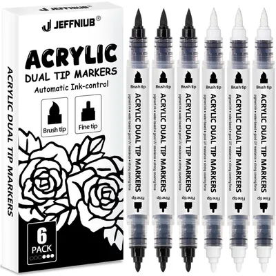 Zdjęcie produktu dla Zestaw 6 markerów akrylowych, czarny i biały, dwustronne, z końcówką pędzelkową, wodoodporne, do różnych powierzchni