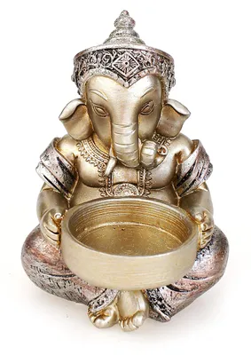 Ganesha-Dekofigur mit Teelichthalter, 11 cm, Polysteen, gold-silber