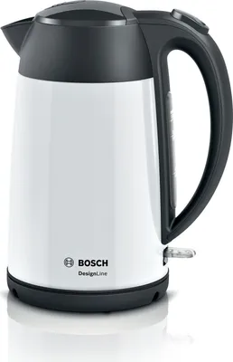A white and black Bosch DesignLine electric kettle is shown against a white background.