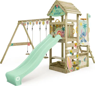 A Disney Stitch themed wooden playground set with a slide, swings, and climbing structure.