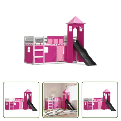 Produktbild von The Living Store Etagenbett mit Rutsche und Gardinen Rosa 90x200 cm