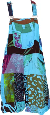 Produktbild von Goa Shorts, Kurze Patchwork Latzhose, Upcycling Boho Latzhose - Blau, Damen, Viskose, Größe: L