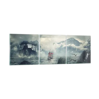 Produktbild von Bilder auf glas - 3 Teile - Sturm Berge Segelschiff - 150x50cm - Glasbilder - Wandbilder - Bilder - zum Aufhängen bereit - Wanddekoration aus Glas - Glas Bilder - Wandbild auf Glas - GCA150x50-4208