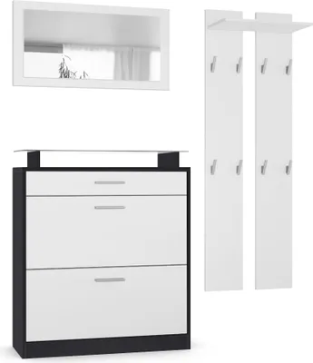 Produktbild von Vladon Garderobe Loret mini, Garderobenset bestehend aus 1 Schuhschrank, 1 Wandspiegel und 2 Garderobenpaneele, Schwarz matt/Weiß matt