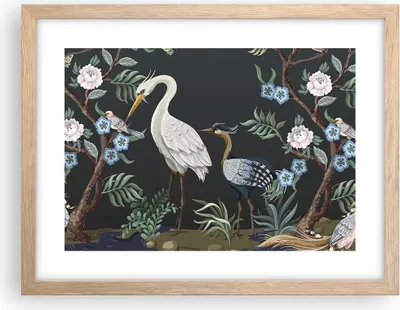Produktbild von Gerahmtes Poster - Rahmen in heller Eiche - Asiatisch Reiher Blumen - 40x30 cm - Wand Bild - Wanddeko - Wandbilder - Kunstposter - Wandposter - Bilderrahmen - Bilder - Kunstdruck - P2NAA40x30-4699