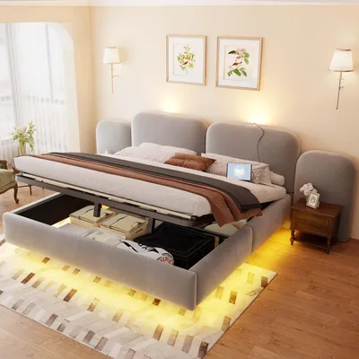 Obrázok produktu pre Postel Merax 180x200 cm s hydraulickým úložným priestorom, dvojlôžko s LED osvetlením, posteľ s čalúnením z velúru, s USB-C nabíjacím portom, čalúnenou opierkou, farba: sivá
