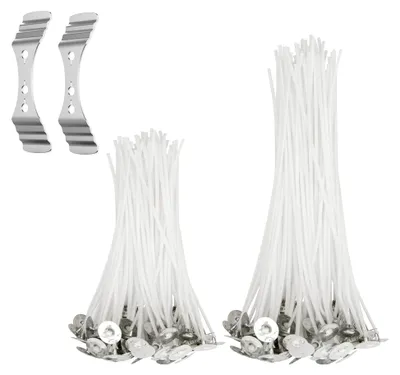 Produktbild von 100 Stück Kerzendochte, Dochte für Kerzen (10 und 15 cm), 2 verschiedene Größen mit Dochthaltern