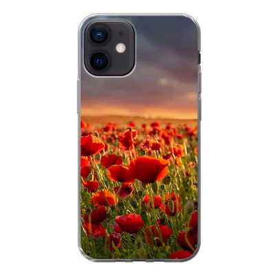 Produktbild von MuchoWow® Handyhülle Schutzhülle Hülle für iPhone 12 Sonnenuntergang über einem Feld von Mohnblumen Silikon Softcase Handy Hülle - Schutzhülle