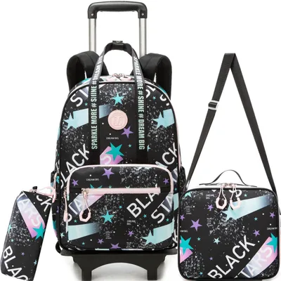 Productafbeelding van Schooltas trolley, meisjes, 3-in-1 set, zwart, met lunchtas en pennenetui