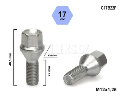 Obrázok produktu pre Skrutka kolesa M12x1,25x22 s kužeľom, kľúč 17, C17B22F, A1BV2, výška 48,5 mm