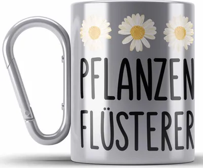 Produktbild von Trendation - Pflanzenflüsterer Gärtner Edelstahl Tasse Karabiner mit Spruch Garten Hobbygärtner Geschenk Lustig Gärtnerin Geschenkidee (Silber)