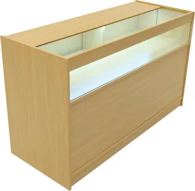 Image de Comptoir de magasin LED en érable B1500 – Portes coulissantes verrouillables I 2 clés – Meuble deet de rangement avec vitrine en verre – Comptoir d'accueil pour vêtements et bijoux – 3 étagères – Éclairage blanc froid