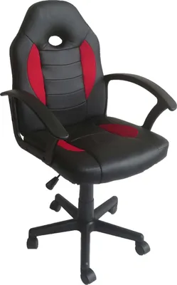 A black and red gaming chair on a white background.