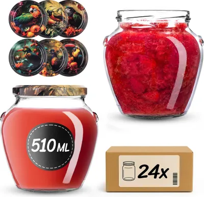 Productafbeelding van KADAX Inmaakpotten, 510 ml, met schroefdeksel, diameter 82 mm. Schroefpotten met deksel, honingpotten, inmaakpotten voor het inmaken van honing, fruit en groenten, jam potten (Vögel, 24 stuks)