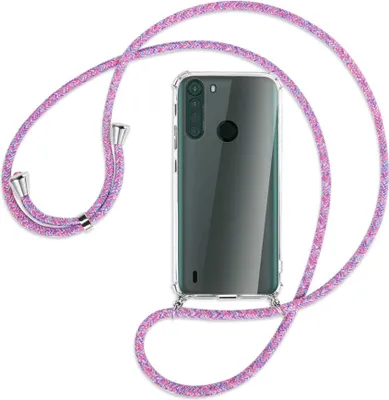 Produktbild von Handykette Backcover-Schutzhülle mit Band (Metall silberfarben) für Motorola One Fusion - lila/rosa/blau