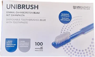 Produktbild von Unibrush Einmalzahnbürste mit Zahnpasta 100 Stück Blau
