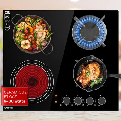 Image de Klarstein Plaque de Cuisson Gaz et Vitrocéramique 4 Feux, Table de Cuisson à Gaz, Plaque Gaz et Vitro de 6.4kW en Acier Inoxydable, Plaque de Cuisson Vitroceramique Encastrable, Plaque Cuisson Mixte