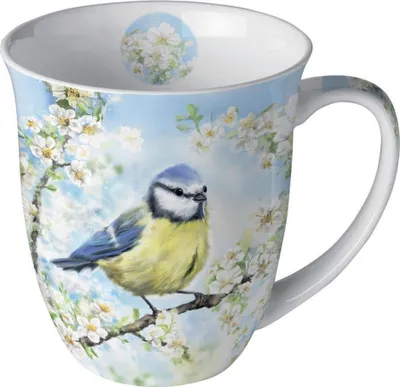 Porzellan Tasse mit Meise und Blütenzweig