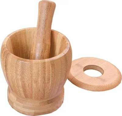 Produktbild von Bambus-Mörser- und Stößel-Set mit Deckel, Gewürzmühle, Küchen-Kochutensilien zum Mischen von Kräutern und Gewürzen, Mahlschüssel, Küchengeschirr