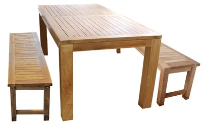 Produktbild von Gartenmöbel Garnitur 3-tlg. Esstisch Teakholz 180x90x75cm + 2 Teakholz Bänke
