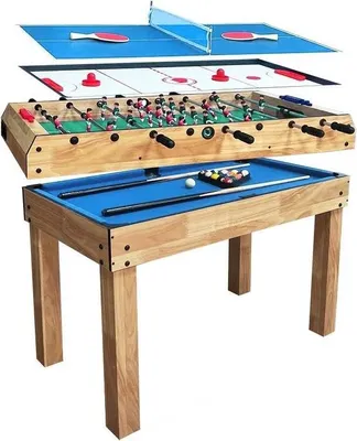 A multi-game table with pool, foosball, air hockey, and table tennis components.